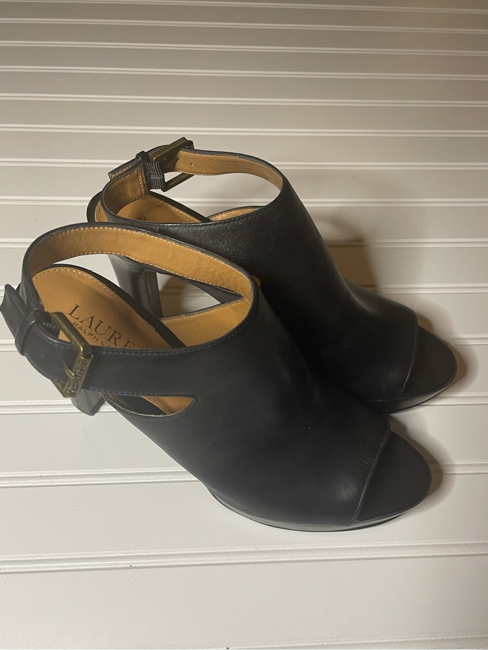 Lauren Ralph Lauren Black Leather Peep-Toe Slingback Heels with Buckle